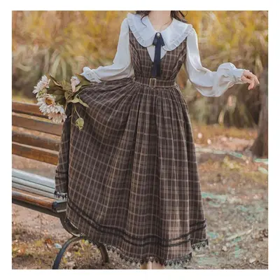 (as the picture, XL) Piece Set Dark Academia Dress Double Check Tank Top Skirt And Long Sleeve S