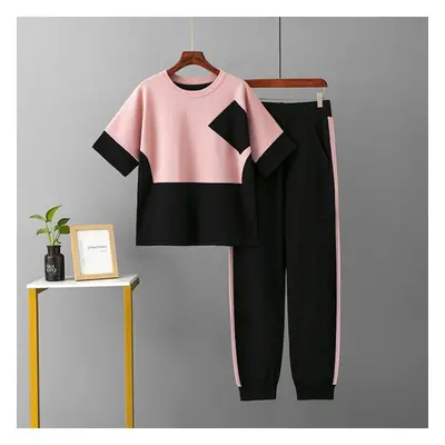 (pink, OneSize) Pant Suits Women&apos;s Summer O Neck Color Block Loose Ice Silk Short Sleeve Tw