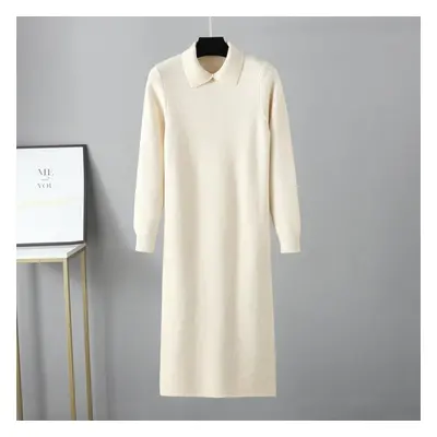 (apricot, OneSize) Autumn Winter New Polo Collar Knitted Long Sleeve Solid Color Sweater Loose D