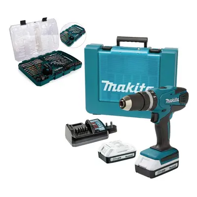 Makita 18v Li-ion Cordless Combi Hammer Drill Batteries HP457DWE + Bit Set