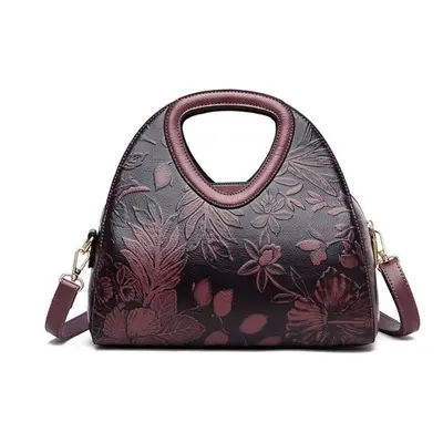 (purple) Johnature Vintage Floral Women Bag Large Capacity Fashion Soft Leather Handbag Elegant 