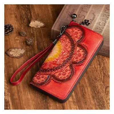 (red) Vintage Genuie Leather Women Wallet Handmade Embossing Wallets Card Holder Natural Cowhide