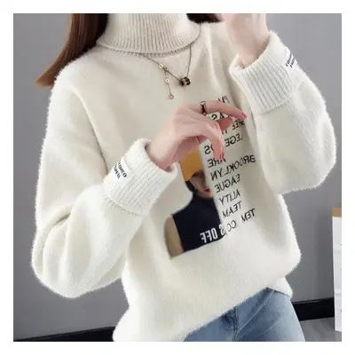 (white, S) Turtleneck Sweater Winter Faux Mink Velvet Chenille Lazy Wind Pullover Bottom Knit Sw