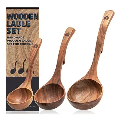 Wooden Ladle Spoon Set, Size Teak Wood Kitchen Serving Spoon with Back Hooks for Pot & Bowl, Non