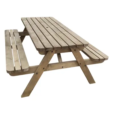 (8ft, Rustic Brown) Picnic Table and Bench Rounded Wooden Outdoor Garden Pub Style Furniture - F