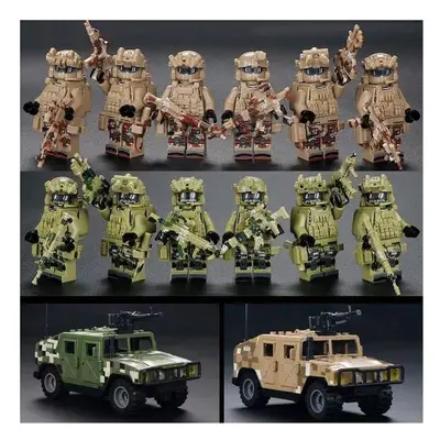 (Style F 12pcs+2jeep) 12pcs Military Soldiers Black SWAT Jeeps Minifigures Toys Fit Lego