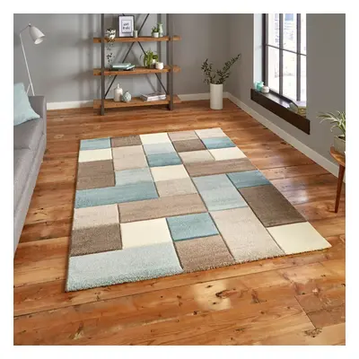 (160x220cm) Brooklyn Modern Rugs in Squares of Beige and Blue Thick Soft Mats