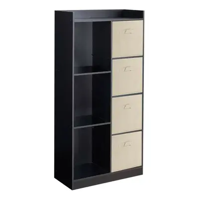 (Black, Beige) Bookcase with Fabric Drawers | Cube Wooden Unit