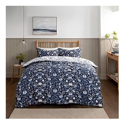 Sleepdown Floral Damask Navy Blue White Reversible Duvet Cover Quilt and Pillow Cases Bedding Se