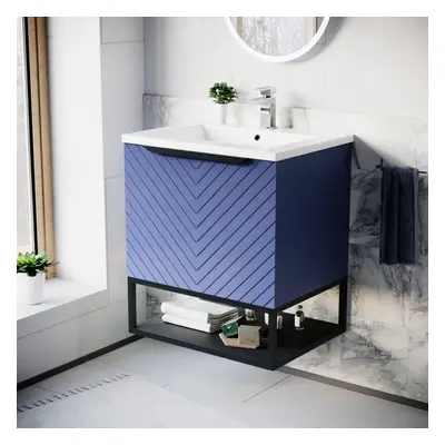 Nes Home 600mm Wall Hung Blue Drawers Basin Vanity Black Frame & Handle