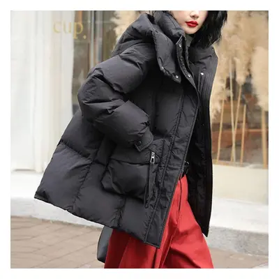 (black, S) Down Jacket Hooded Women&apos;s Winter Short Fashion White Duck Down Coat Plus Size