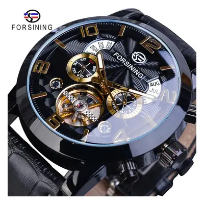 (black,gold) Forsining Men&apos;s Luxury Tourbillon Automatic Mechanical Watch Wave Designdate D