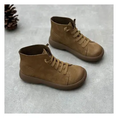 (khaki, 40) Johnature Handmade Genuine Leather Short Boots Round Toe Flat Bottom Elastic Band Wo