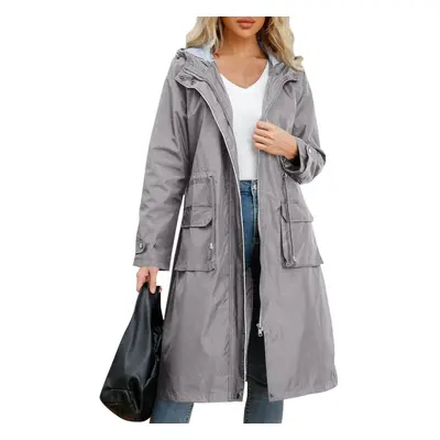 (gray, XXXL) Women&apos;s Solid Colored Hooded Long Sleeved Trench Coat With Striped And Straigh