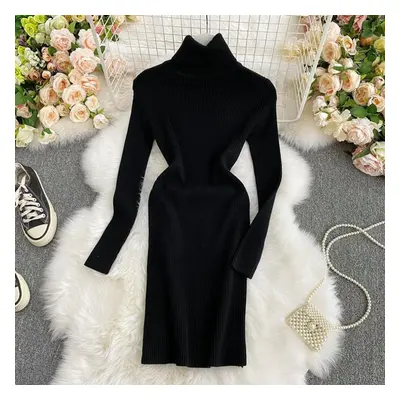 (black, One Size) New Autumn Winter Women&apos;s Dress Temperament Solid Color Thicken Knit Dres