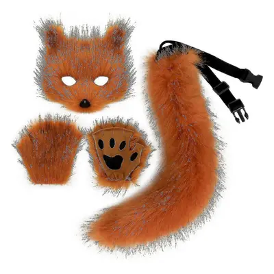 (Fox) Faux Fur Fox Tail Cat Wolf Cosplay Costume Set Plush Mask Fluffy Paw Gloves Halloween Chri