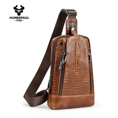 (brown) Humerpaul Crocodile Print Men Leather Chest Bag Large Capacity Sports Bag