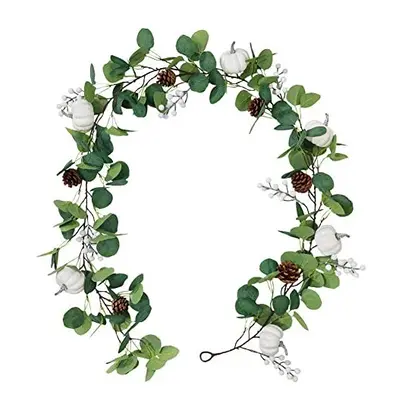 SoulQool Autumn White Pumpkin Garland,6.23Ft Artificial Pine Cones Eucalyptus Garland,Berries Fa