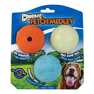 ChuckIt! Fetch Medley 3, Max Glow, Rebounce, The Whistler, Durable High Bounce Rubber Dog Ball T