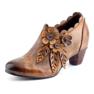 (coffee, 7) High Heels Genuine Leather Women Shoes Zip Retro Casual Round Toe Flower Handmade La