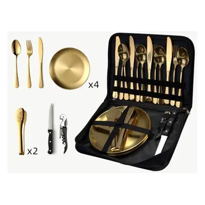 (Gold 20-Piece Set) Outdoor Travel Stainless Steel Tableware Camping Picnic Set