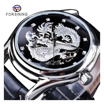 (white,black) Forsining Chinese Dragon Design Diamond Dial Men Watch Luminous Hands Brand Luxury