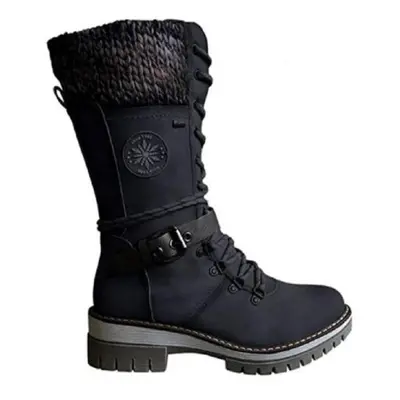 (black, 42) Women&apos;s Solid Color Trendy Boots, Side Zipper Buckle Belt Knitted Rim Boots, No