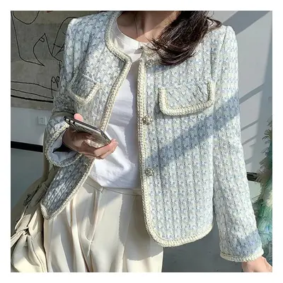 (blue, L) High-quality Temperament Ladies Style Tweed Short Jacket Women Women Autumn Elegant Fe