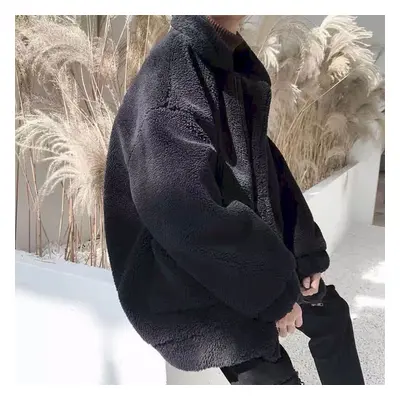 (black, L) Cotton Thick Lamb Wool Coat Men&apos;s Winter Padded Jacket Vintage Korean Style Stud