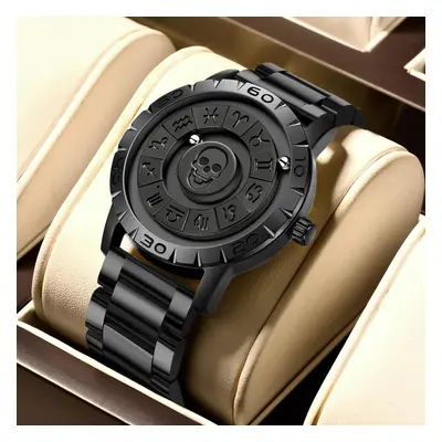 (black, Steel strap) Lige Brand Foxbox New Personalized Original Men Quartz Watch Skull Dial Mag