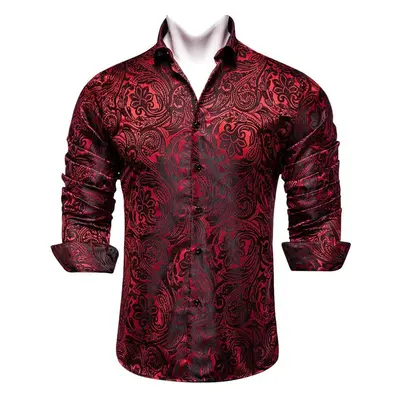 (S, burgundy) Dibangu Silk Men&apos;s Shirts Long Sleeve Slim Fit Shirt For Men Purple Paisley B