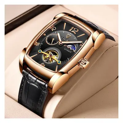 (rose gold,black) Lige Original Men Watch Fashion Casual Leather Strap Automatic Mechanical Watc