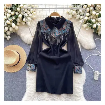 (as the picture, XL) New Spring Summer Vintage Flower Embroidery Dress For Women&apos;s Long Sle