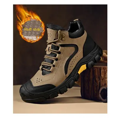 (khaki,black, 38) Men&apos;s Cowhide Snow Boots Non-slip Sports Breathable Bare Boots Outdoor Hi