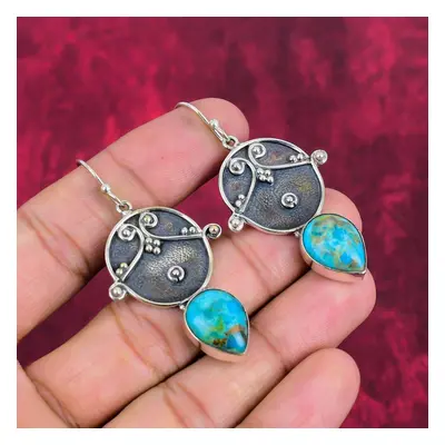 (blue, 2.24 Inches) Tibetan Turquoise Earrings Gemstone Jewelry, Solid Sterling Silver Handmade 