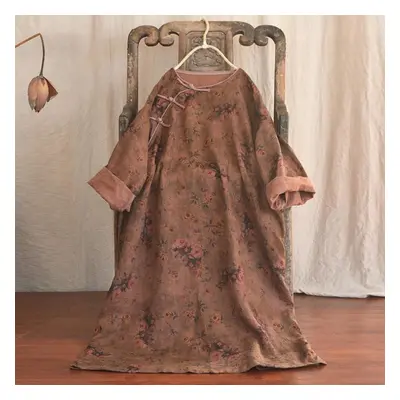 (brown, One Size) Johnature Women Chinese Style Linen Dresses O-neck Long Sleeve Robes Fall Clot