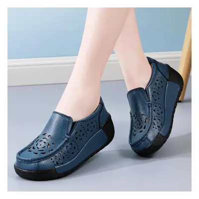 (blue, 36) Ladies Platform Loafers Casual Elegant Black Cow Leather Women Summer Height Increase