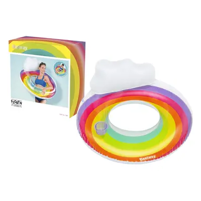 107cm Rainbow Inflatable Swim Ring with Headrest & Cup Holder