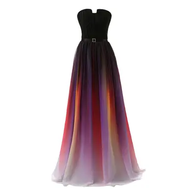 New Strapless Pleated Gradient Colorful Ombre Chiffon Prom Gown Dress