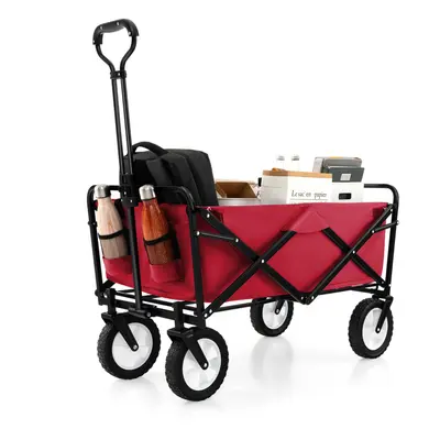 Folding Garden Cart Camping Wheelbarrow W/ Adjustable Handle & Drink Holder (Red)