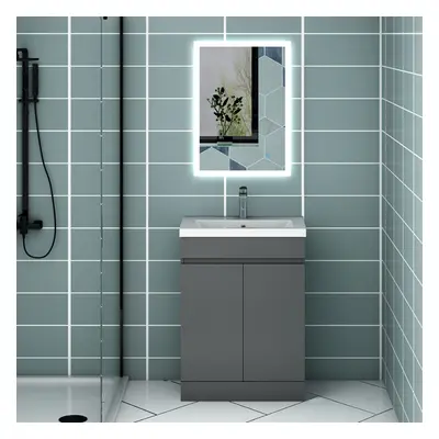 (High gloss grey) 600mm Vanity Units with Resin Basin Sink High Gloss White/Grey Floor Standing