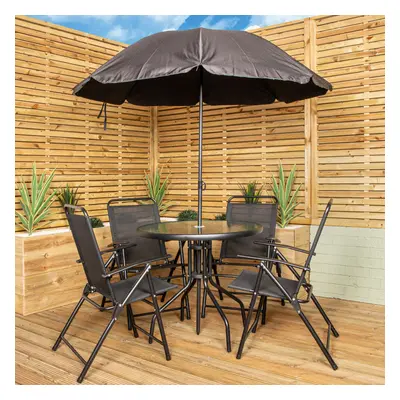 Samuel Alexander Outdoor Seater Round Glass Top Table and Chairs Patio Set with Parasol in Black