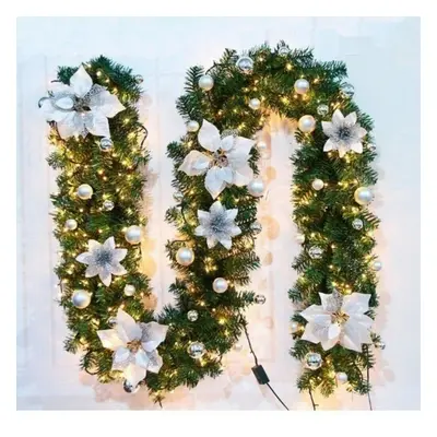 (Silver) 9FT Christmas Garland LED Lights Up Xmas Wreath Fireplace Door Decor