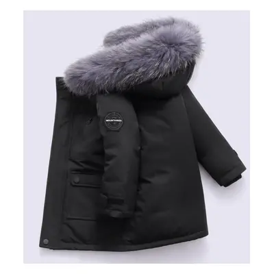 (black, 140cm) Winter Boys White Down Jacket Coat Baby Fur Collar Hooded Cottonthicken Warm Soil