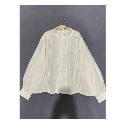 (white, One Size) Johnature Mori Linen Loose Hollow Out Women Shirts Spring Autumn Loose Vintage