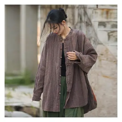 (purple, One Size) Johnature Women Vintage Ramie Shirt Jackets Stand Long Sleeve High Quality Co