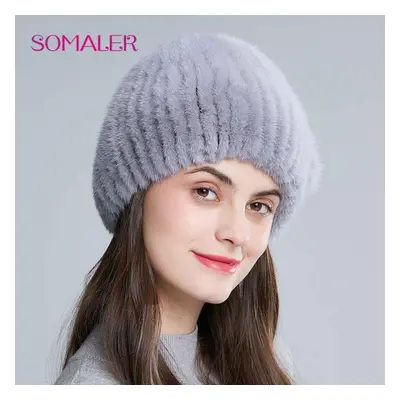 (grey,purple) Somaler Women Winter Fur Hats Genuine Mink Fur Beanie Hat Thick Warm Knitted Fur B