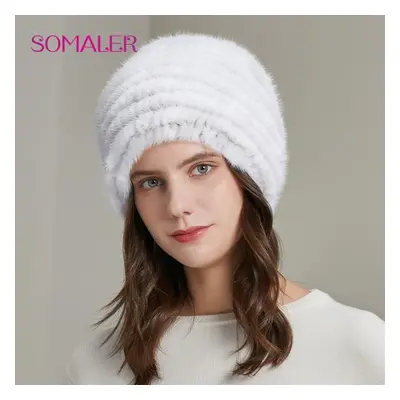 (white) Somaler Winter Mink Fur Hats For Women Warm Loose Casual Girls Slouchy Beanie For Cold W