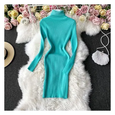 (aqua, One Size) New Autumn Winter Women&apos;s Dress Temperament Solid Color Thicken Knit Dress