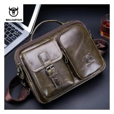 (green) Bullcaptain New Genuine Leather Men Crossbody Bag Male Briefcase Messenger Bag Casual Bu